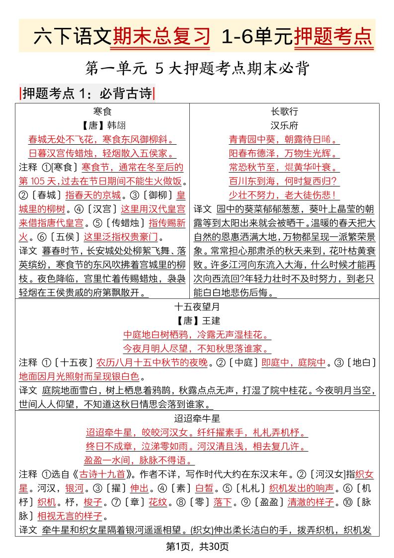 六年级下语文期末总复习1-6单元押题考点-悟思笔记，一个低调的学习营。