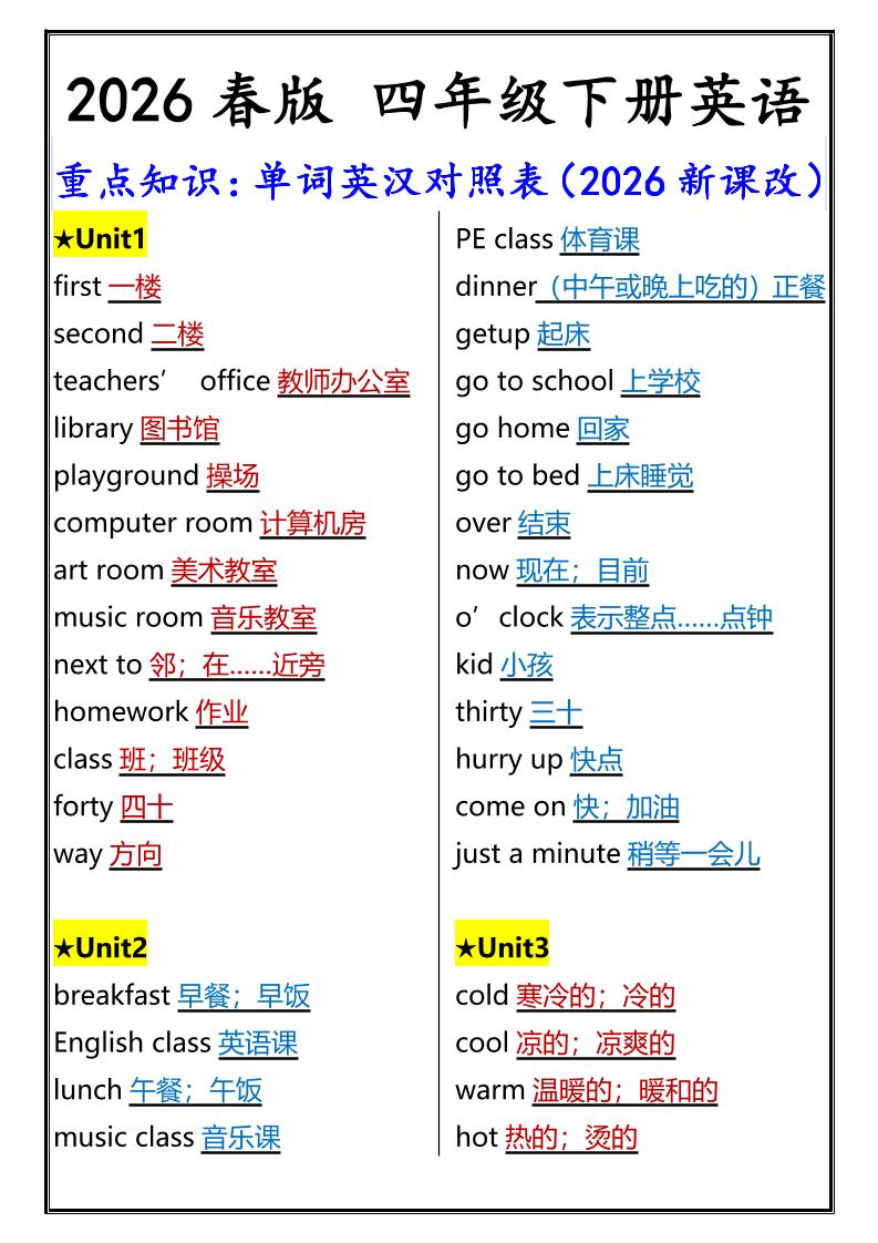 2026春新版四年级下英语重点知识：单词英汉对照表《人教版PEP》-悟思笔记，一个低调的学习营。