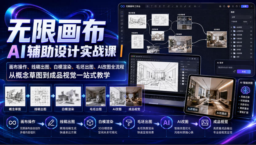 无限画布AI辅助设计实战课｜画布操作、线稿出图、白模渲染、毛坯出图、AI改图全流程，从概念草图到成品视觉一站式教学-悟思笔记，一个低调的学习营。