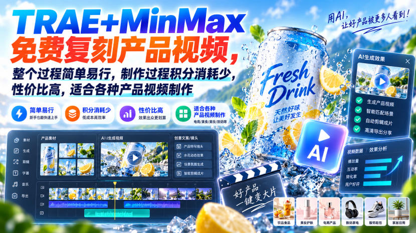 TRAE+MinMax免费复刻产品视频，整个过程简单易行，制作过程积分消耗少，性价比高，适合各种产品视频制作-悟思笔记，一个低调的学习营。