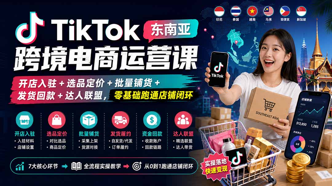 TikTok东南亚跨境电商运营课：开店入驻+选品定价+批量铺货+发货回款+达人联盟，零基础跑通店铺闭环-悟思笔记，一个低调的学习营。