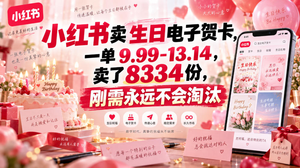 小红书卖生日电子贺卡，一单9.99-13.14，卖了8334份，刚需永远不会淘汰-悟思笔记，一个低调的学习营。