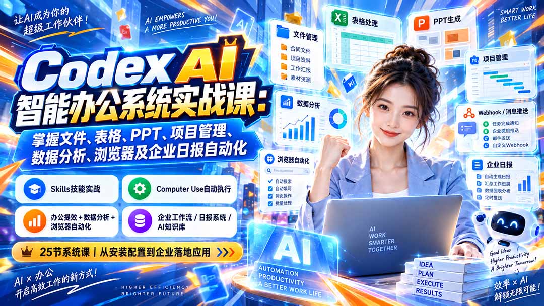 Codex AI智能办公系统实战课：掌握文件、表格、PPT、项目管理、数据分析、浏览器及企业日报自动化-悟思笔记，一个低调的学习营。