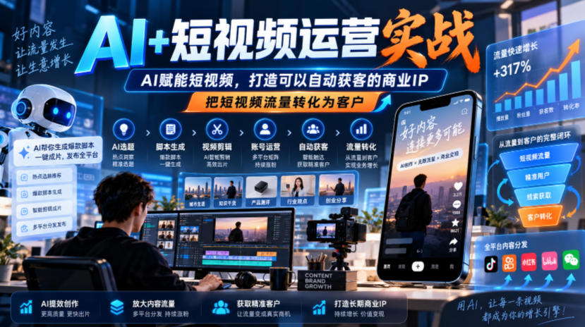 AI+短视频运营实战，AI赋能短视频，打造可以自动获客的商业IP，把短视频流量转化为客户-悟思笔记，一个低调的学习营。