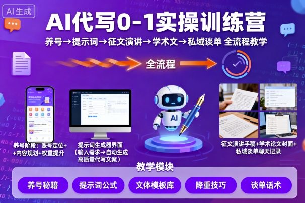 AI代写0-1实操训练营，从养号、提示词、征文演讲、学术文，到私域谈单的全流程教学-悟思笔记，一个低调的学习营。