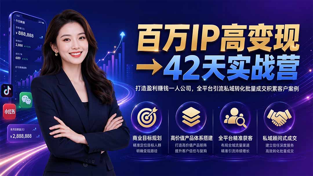 百万IP高变现→42天实战营｜打造盈利赚钱一人公司，全平台引流私域转化批量成交积累客户案例-悟思笔记，一个低调的学习营。