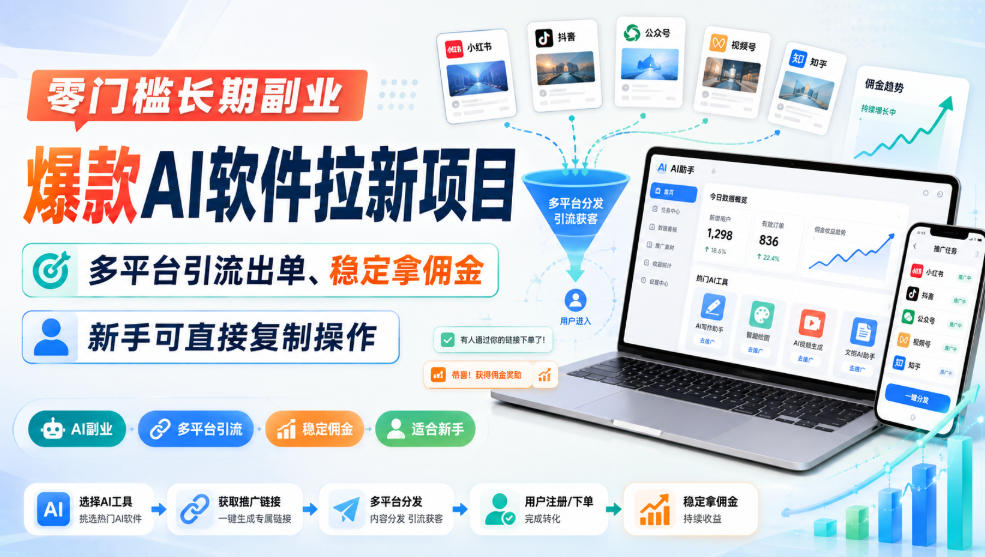 零门槛长期副业，爆款AI软件拉新项目，多平台引流出单、稳定拿佣金，新手可直接复制操作-悟思笔记，一个低调的学习营。
