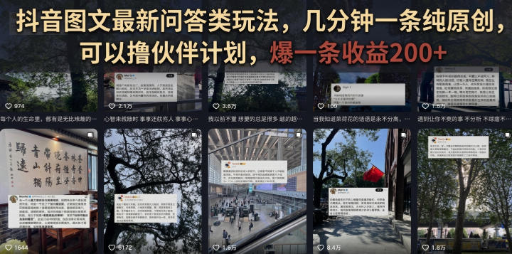 抖音图文最新问答类玩法，几分钟一条纯原创，可以撸伙伴计划，爆一条收益200+-悟思笔记，一个低调的学习营。