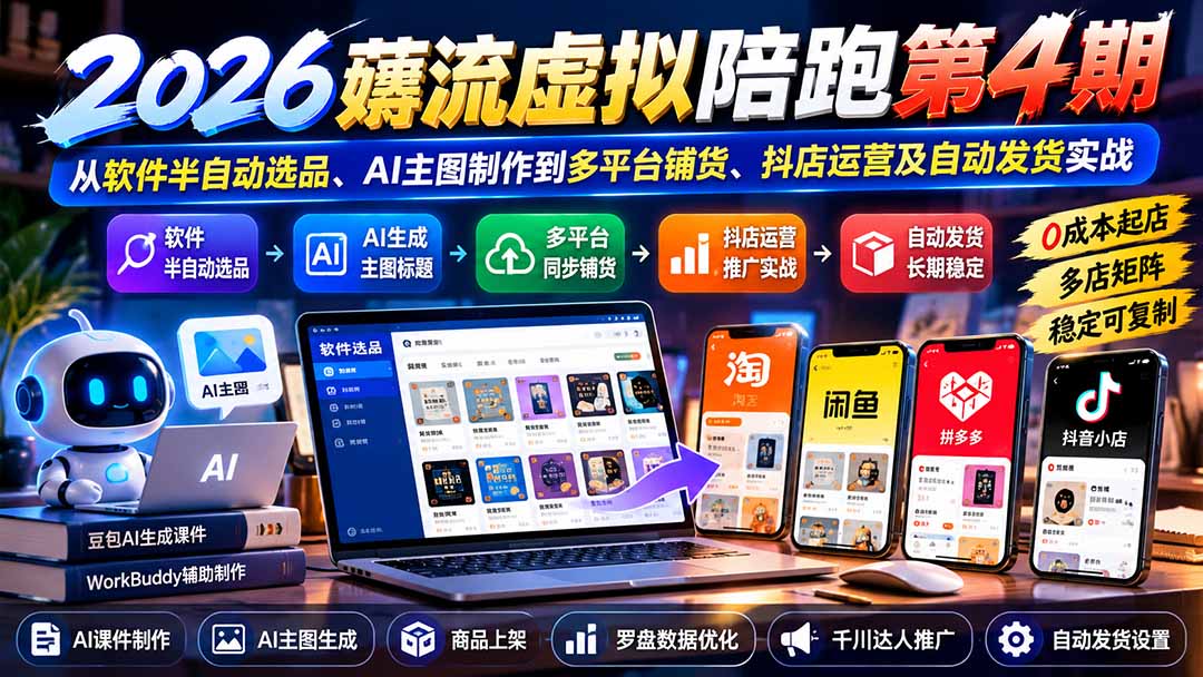 2026薅流虚拟陪跑第4期：从软件半自动选品、AI主图制作到多平台铺货、抖店运营及自动发货实战-悟思笔记，一个低调的学习营。