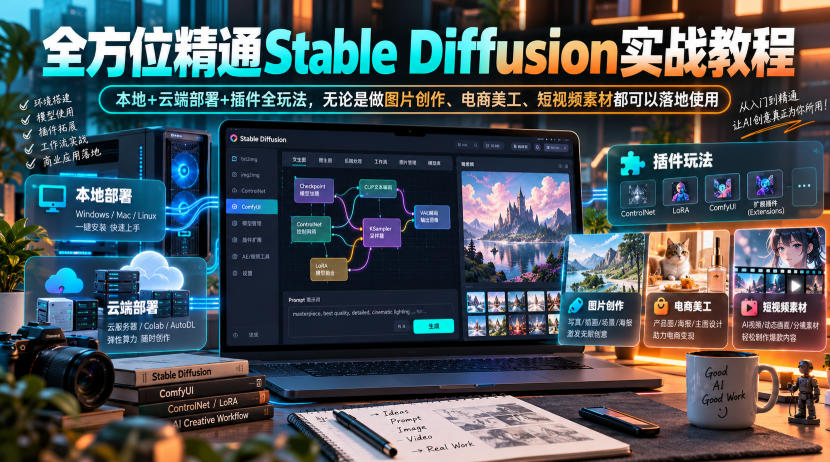 全方位精通Stable Diffusion实战教程｜本地+云端部署+插件全玩法，无论是做图片创作、电商美工、短视频素材都可以落地使用-悟思笔记，一个低调的学习营。