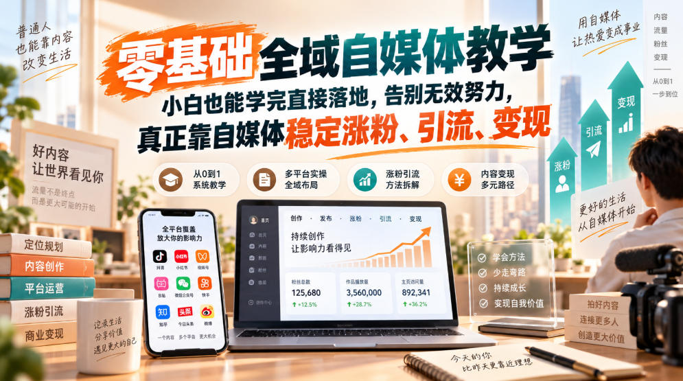 零基础全域自媒体教学，小白也能学完直接落地，告别无效努力，真正靠自媒体稳定涨粉、引流、变现-悟思笔记，一个低调的学习营。