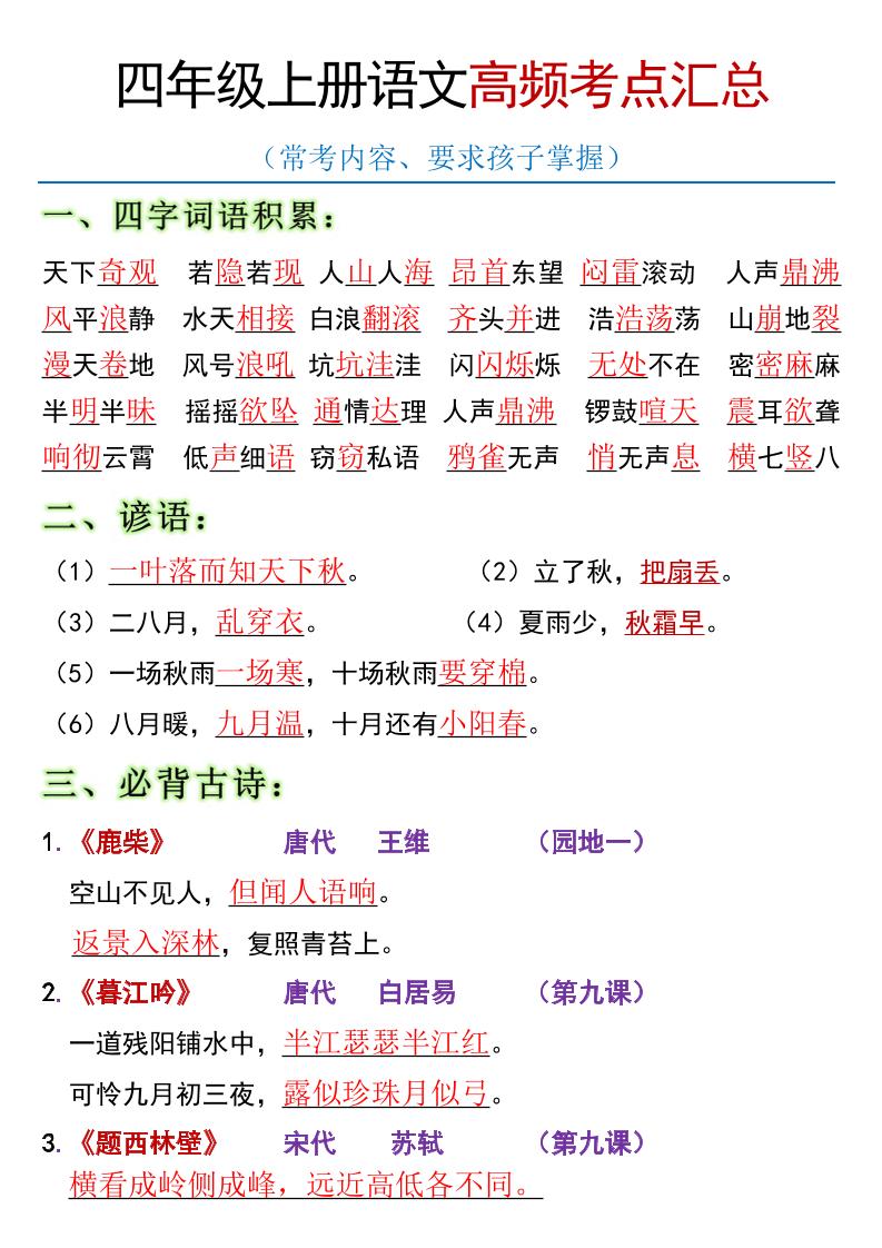 全册高频考点归类（节选）】四上语文-悟思笔记，一个低调的学习营。