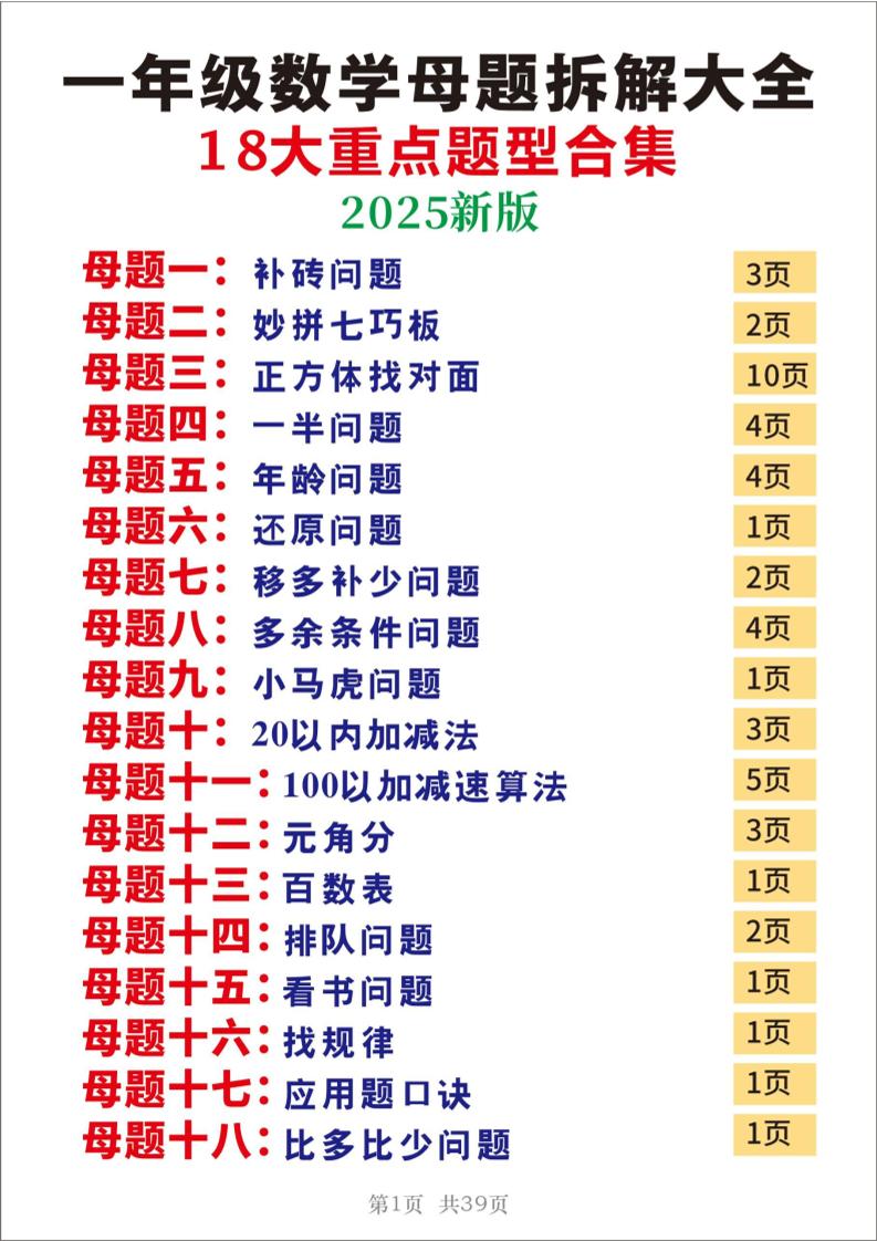 25一年级下册数学十八大母题重点题型39页-悟思笔记，一个低调的学习营。