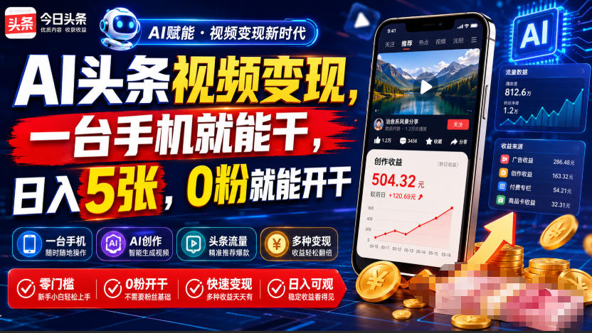 AI头条视频变现，一台手机就能干，日入5张，0粉就能开干-悟思笔记，一个低调的学习营。