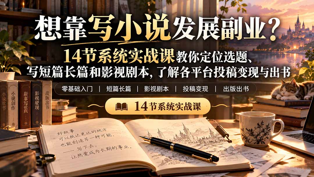 【无水印】想靠写小说发展副业？14节系统实战课教你定位选题、写短篇长篇和影视剧本，了解各平台投稿变现与出书-悟思笔记，一个低调的学习营。