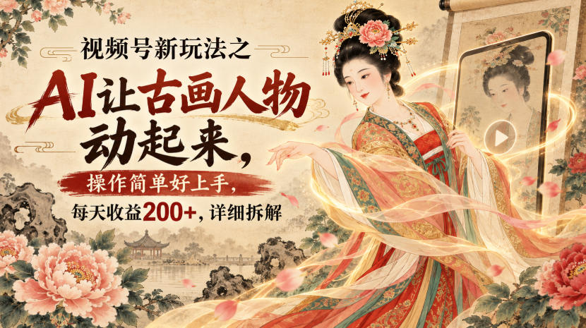 视频号新玩法之AI让古画人物动起来，操作简单好上手，每天收益200+，详细拆解-悟思笔记，一个低调的学习营。