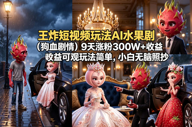 王炸短视频玩法AI水果剧(狗血剧情)9天涨粉300W+收益可观玩法简单，小白无脑照抄，详细拆解玩法-悟思笔记，一个低调的学习营。