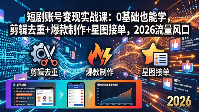 短剧账号变现实战课：0基础也能学，剪辑去重+爆款制作+星图接单，2026流量风口-悟思笔记，一个低调的学习营。