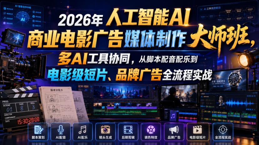 2026年人工智能AI商业电影广告媒体制作大师班，多AI工具协同，从脚本配音配乐到电影级短片、品牌广告全流程实战(中英字幕)-悟思笔记，一个低调的学习营。
