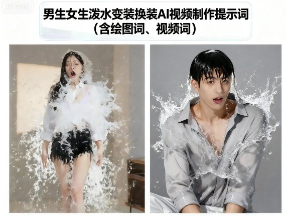 男生女生泼水变装换装AI视频制作提示词(含绘图词、视频词)-悟思笔记，一个低调的学习营。