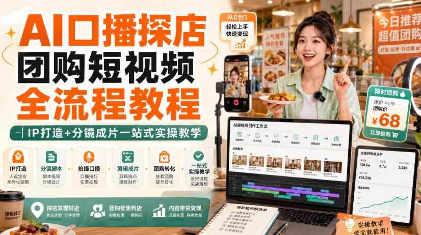 AI口播探店团购短视频全流程教程｜IP打造+分镜成片一站式实操教学-悟思笔记，一个低调的学习营。