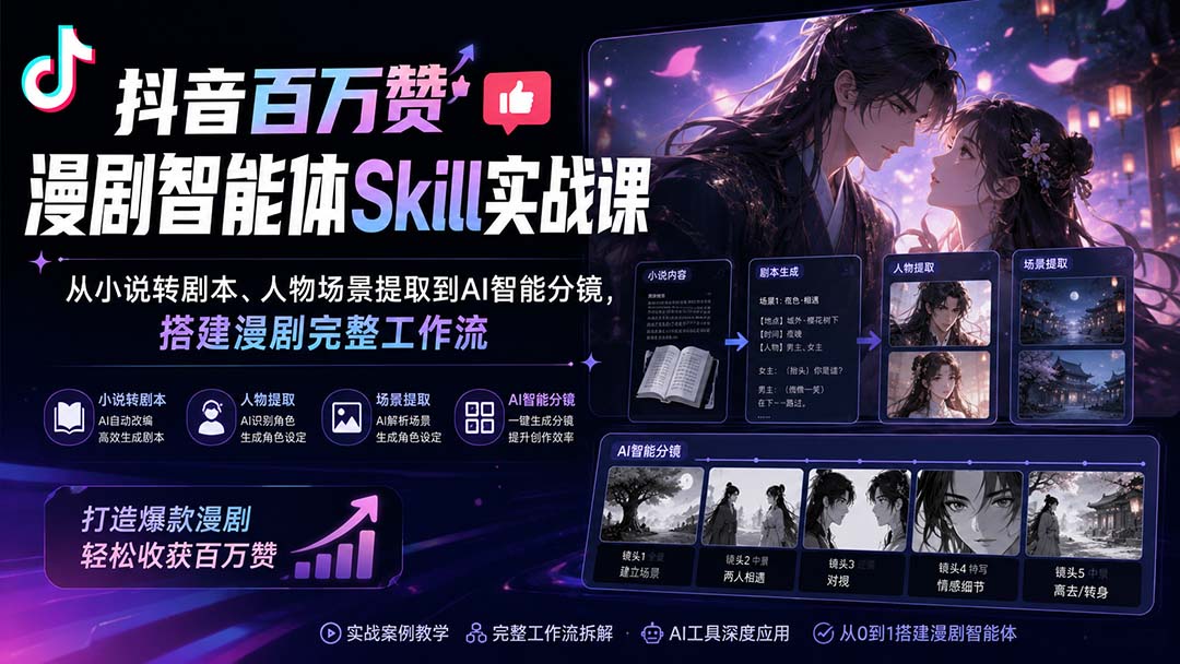 抖音百万赞漫剧智能体Skill实战课：从小说转剧本、人物场景提取到AI智能分镜，搭建漫剧完整工作流-悟思笔记，一个低调的学习营。