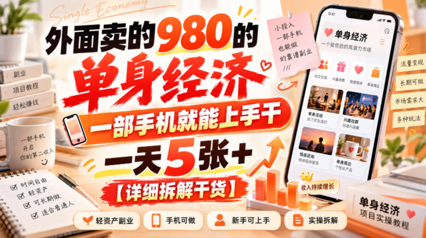 外面卖的980的单身经济，一部手机就能上手干，一天5张+【详细拆解干货】-悟思笔记，一个低调的学习营。