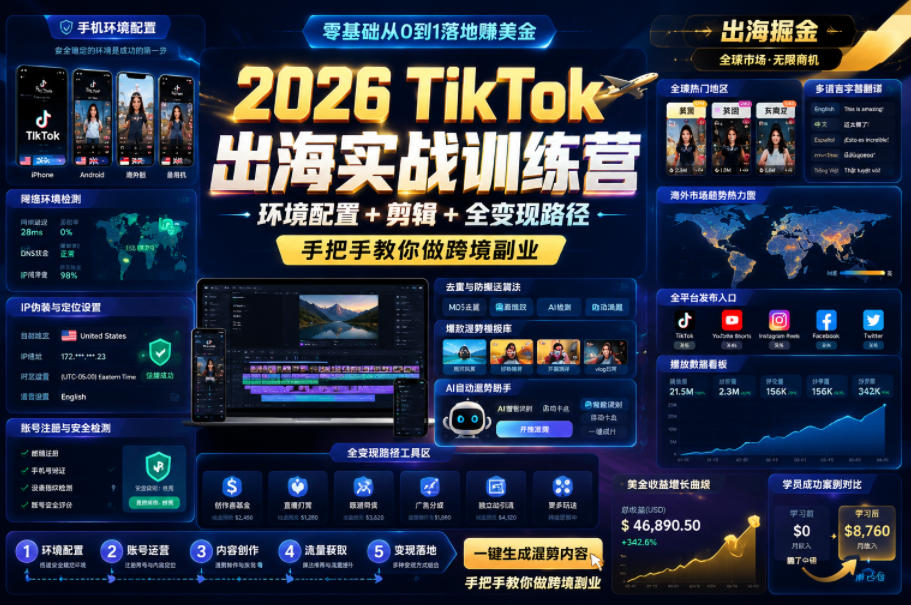 2026 TikTok出海实战训练营，环境配置 + 剪辑 + 全变现路径，手把手教你做跨境副业-悟思笔记，一个低调的学习营。