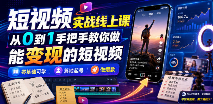 短视频实战线上课，从0到1手把手教你做能变现的短视频，零基础可学，落地起号做爆款-悟思笔记，一个低调的学习营。