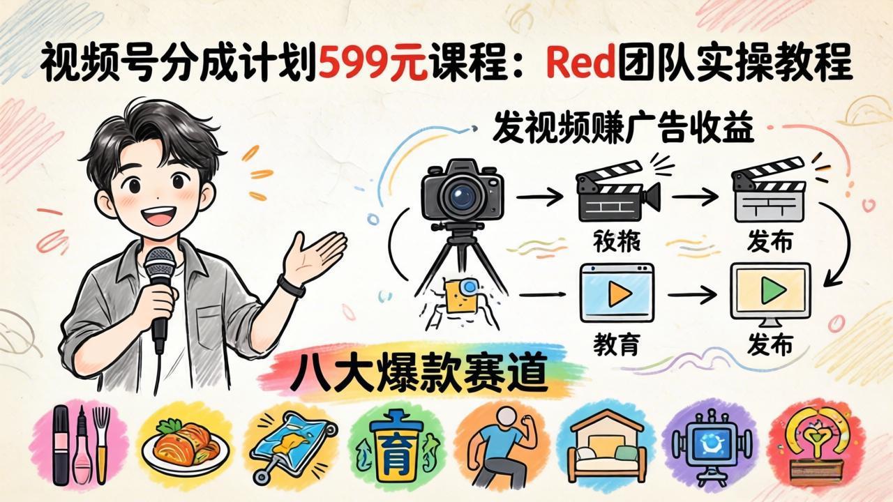 视频号分成计划599元课程：Red团队实操教程，发视频赚广告收益，八大爆款赛道全掌握-悟思笔记，一个低调的学习营。