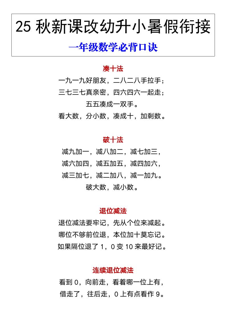 【2025秋新版】幼升小暑假衔接一年级数学必背口诀-一上数学-悟思笔记，一个低调的学习营。