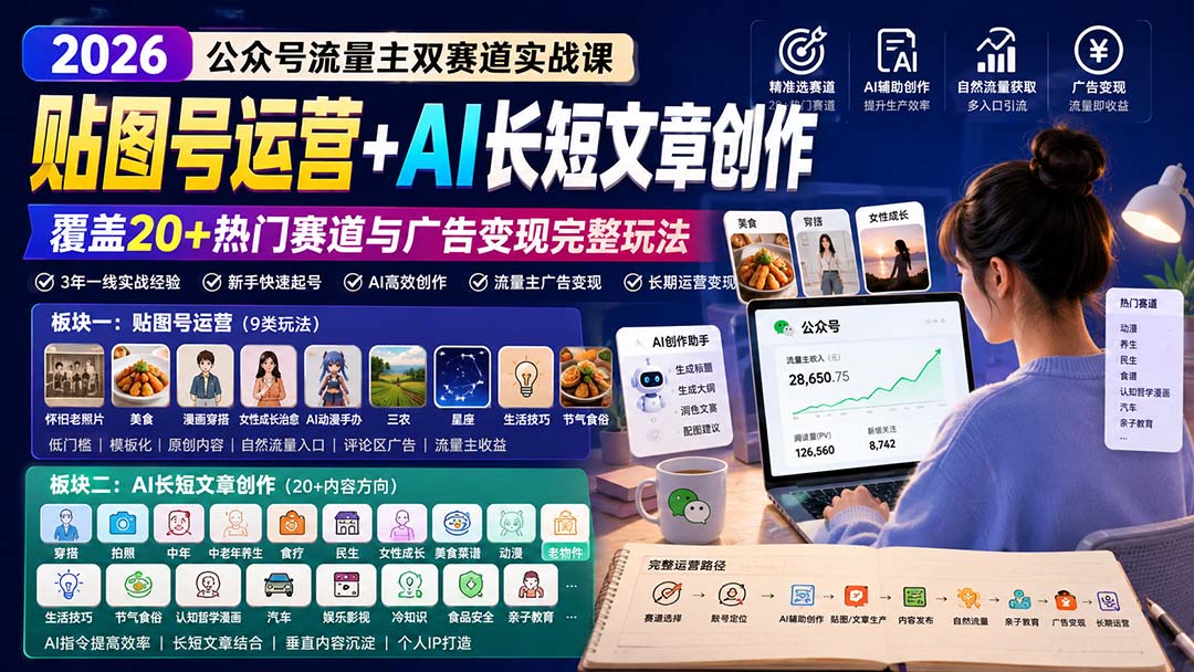 公众号流量主双赛道实战课：贴图号运营+AI长短文章创作，覆盖20+热门赛道与广告变现完整玩法-悟思笔记，一个低调的学习营。
