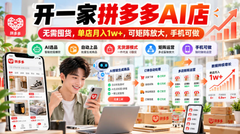 开一家拼多多AI店，无需囤货，单店月入1w+，可矩阵放大，手机可做【揭秘】-悟思笔记，一个低调的学习营。