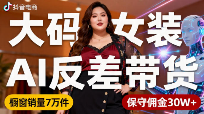 抖音小众赛道，大码女装AI反差带货，不用直播，每天6条作品，橱窗卖7万件，保守佣金30W+-悟思笔记，一个低调的学习营。