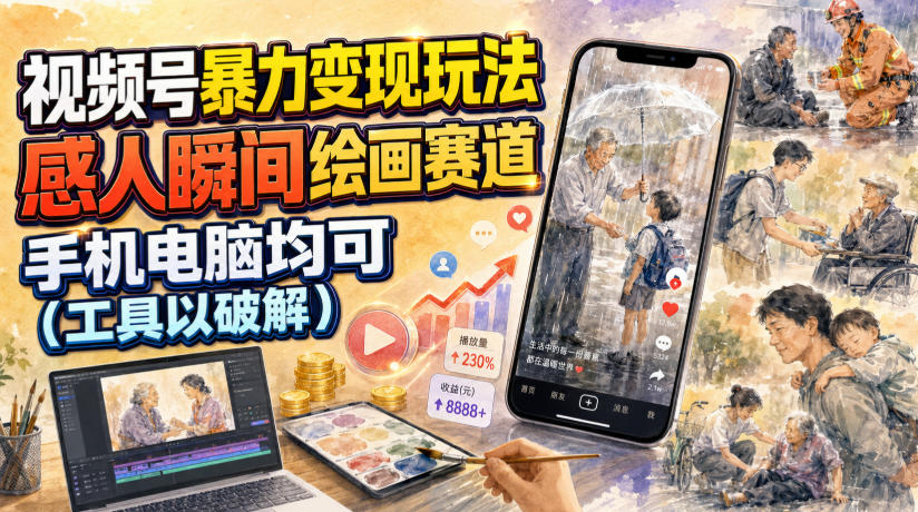 视频号暴力变现玩法，感人瞬间绘画赛道，手机电脑均可-悟思笔记，一个低调的学习营。