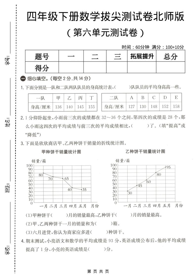 四年级下数学第六单元拔尖测试卷《北师版》-悟思笔记，一个低调的学习营。
