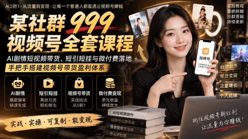 某社群999视频号全套课程，AI剧情短视频带货、短引短挂与微付费落地，手把手搭建视频号带货盈利体系-悟思笔记，一个低调的学习营。