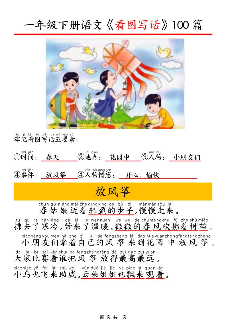 一年级下语文看图写话五要素训练-悟思笔记，一个低调的学习营。