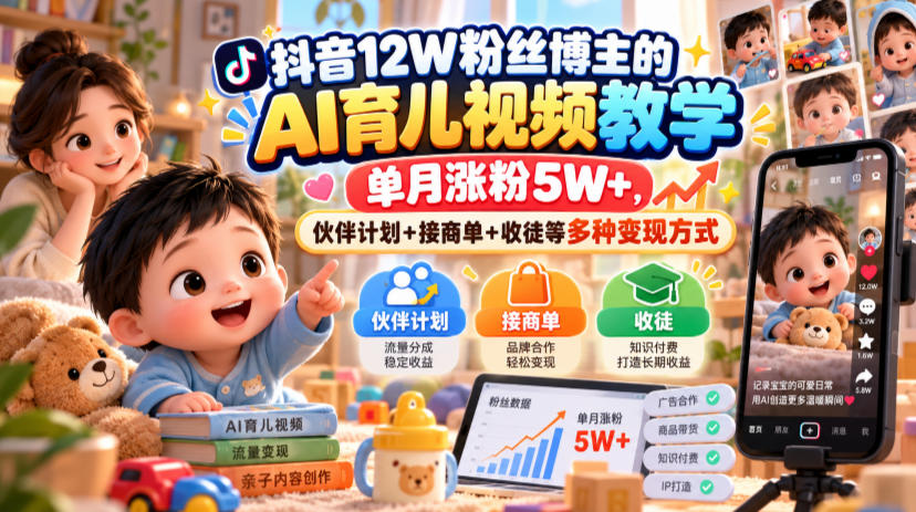 抖音12W粉丝博主的AI育儿视频教学，单月涨粉5W+，伙伴计划+接商单+收徒等多种变现方式-悟思笔记，一个低调的学习营。