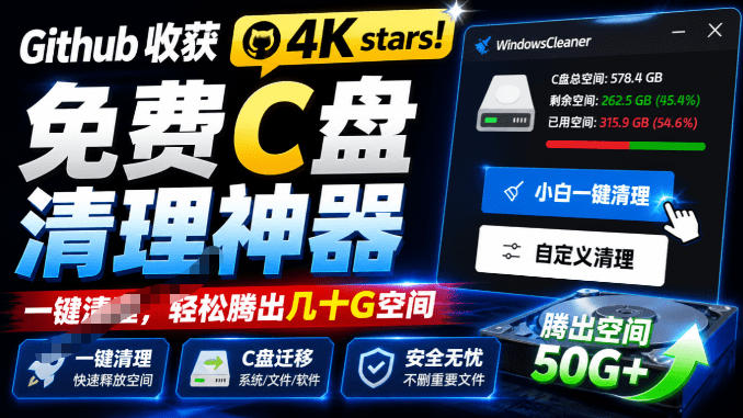 Github收获4K stars！免费C盘清理神器，轻松腾出几十G空间，支持C盘迁移Windows Cleaner-悟思笔记，一个低调的学习营。
