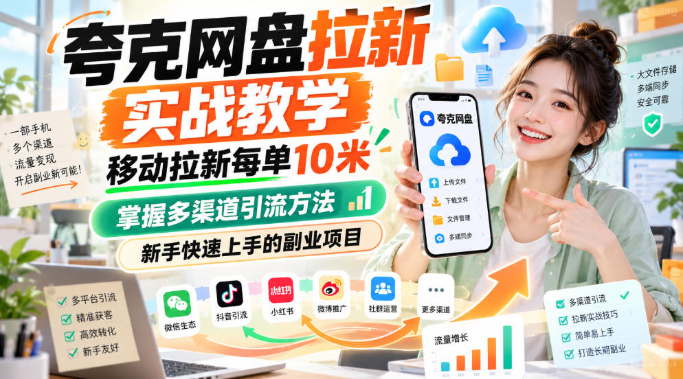 夸克网盘拉新实战教学，移动拉新每单10米，掌握多渠道引流方法，新手快速上手的副业项目(更新1017)-悟思笔记，一个低调的学习营。