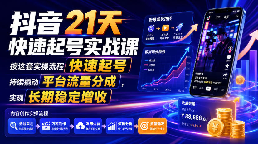 抖音21天快速起号实战课，按这套实操流程快速起号，持续撬动平台流量分成，实现长期稳定增收-悟思笔记，一个低调的学习营。