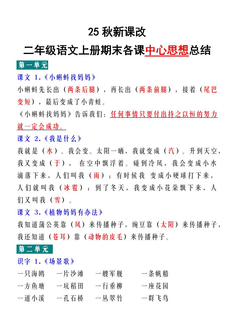 【2025秋新版】二年级语文上册期末各课中心思想总结-悟思笔记，一个低调的学习营。