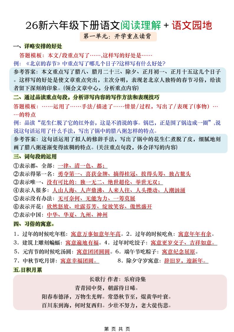 六年级下语文阅读理解＋语文园地-悟思笔记，一个低调的学习营。