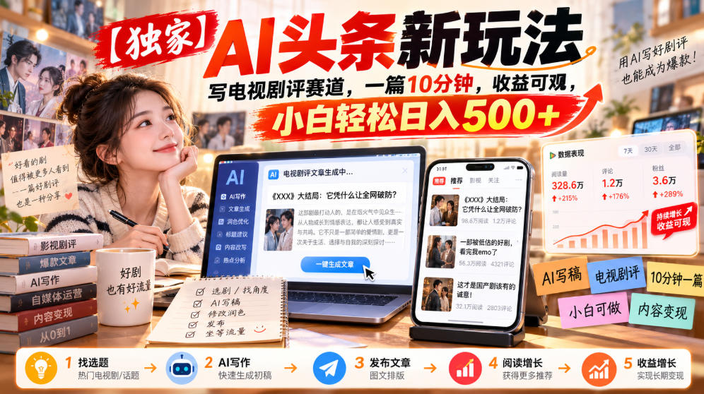 【独家】AI头条新玩法，写电视剧评赛道，一篇10分钟，收益可观，小白轻松日入500+-悟思笔记，一个低调的学习营。