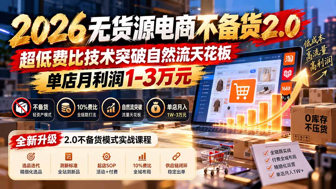 2026无货源电商不备货2.0【更新1010】：超低费比技术突破自然流天花板，单店月利润1-3万元-悟思笔记，一个低调的学习营。