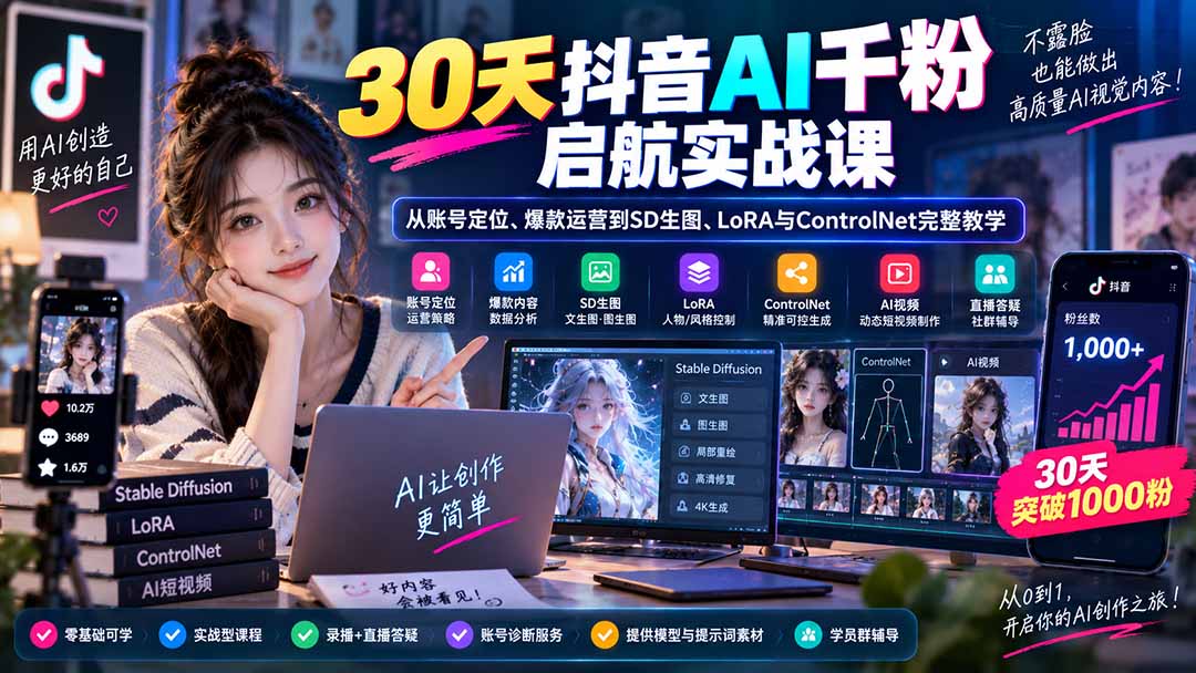 30天抖音AI千粉启航实战课：从账号定位、爆款运营到SD生图、LoRA与ControlNet完整教学-悟思笔记，一个低调的学习营。