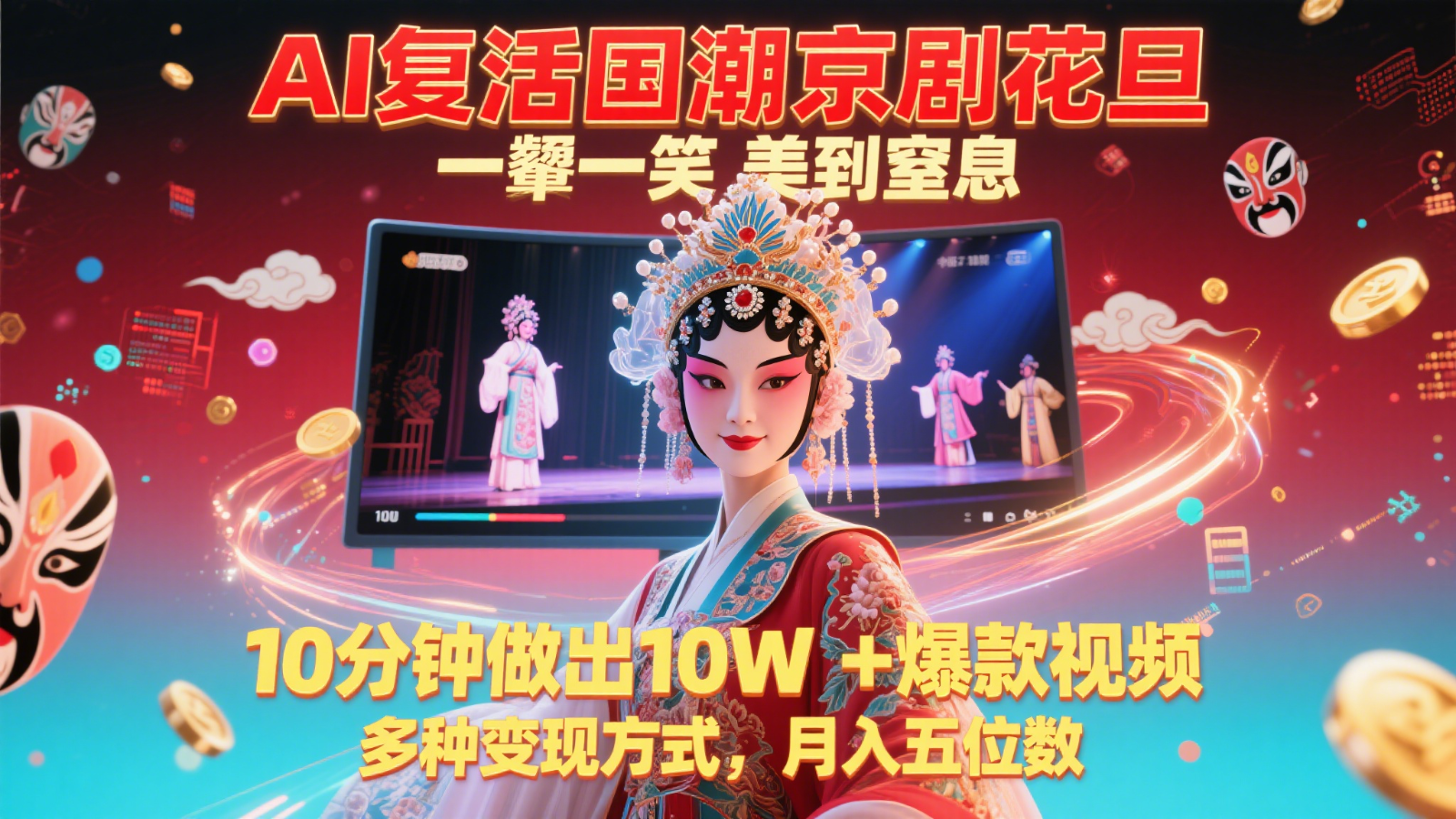 AI复活国潮京剧花旦，一颦一笑美到窒息，10分钟做出10W+爆款视频，多种变现方式-悟思笔记，一个低调的学习营。