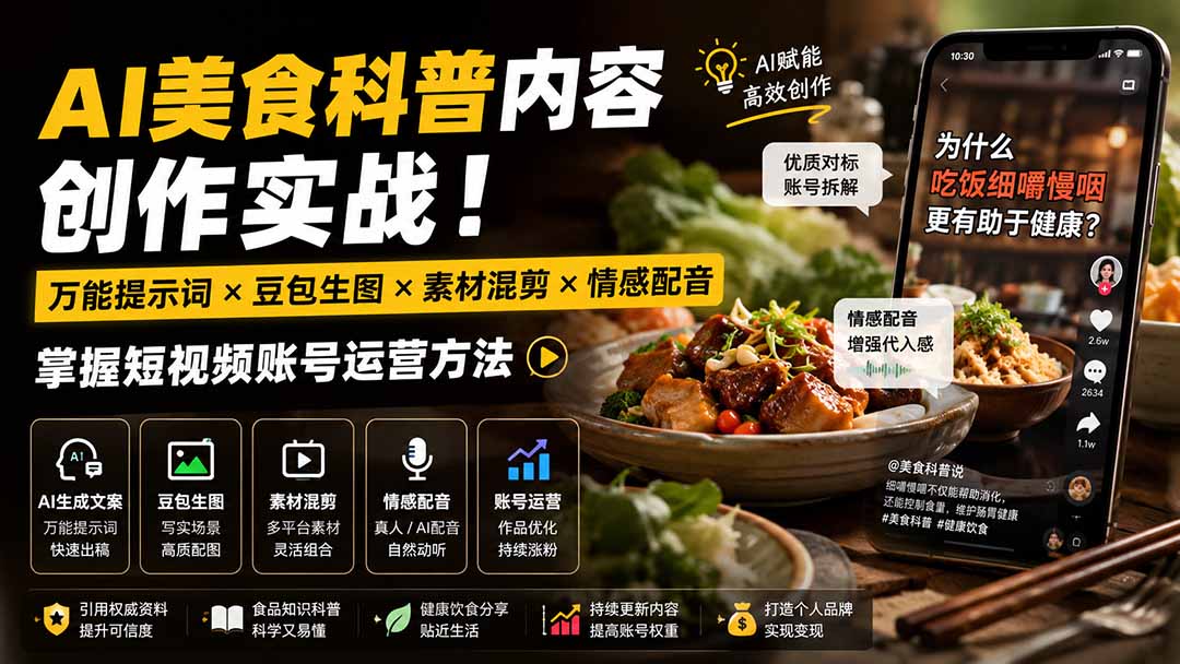 外面卖199元-AI美食科普内容创作实战！万能提示词×豆包生图×素材混剪×情感配音，掌握短视频账号运营方法-悟思笔记，一个低调的学习营。