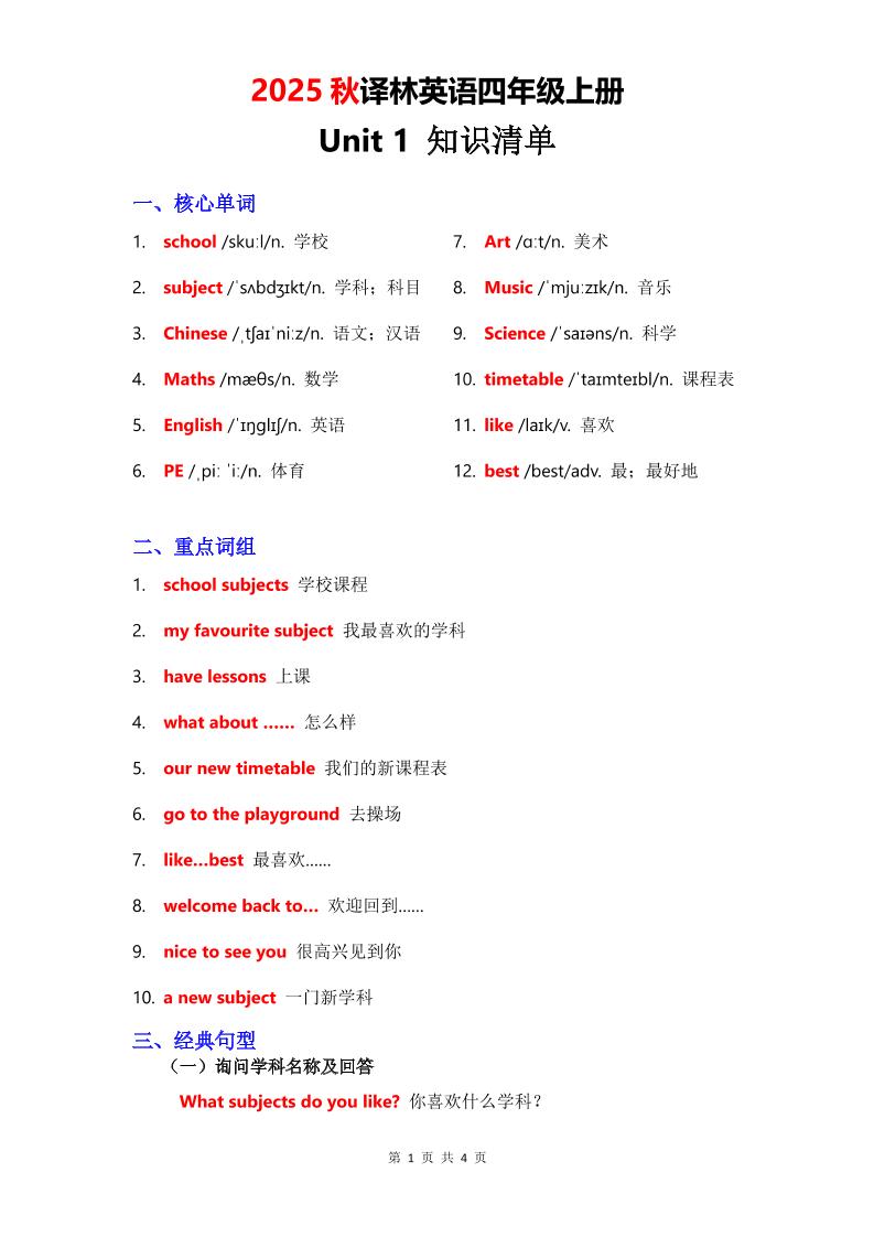 2025秋译林英语四上Unit1知识清单-悟思笔记，一个低调的学习营。
